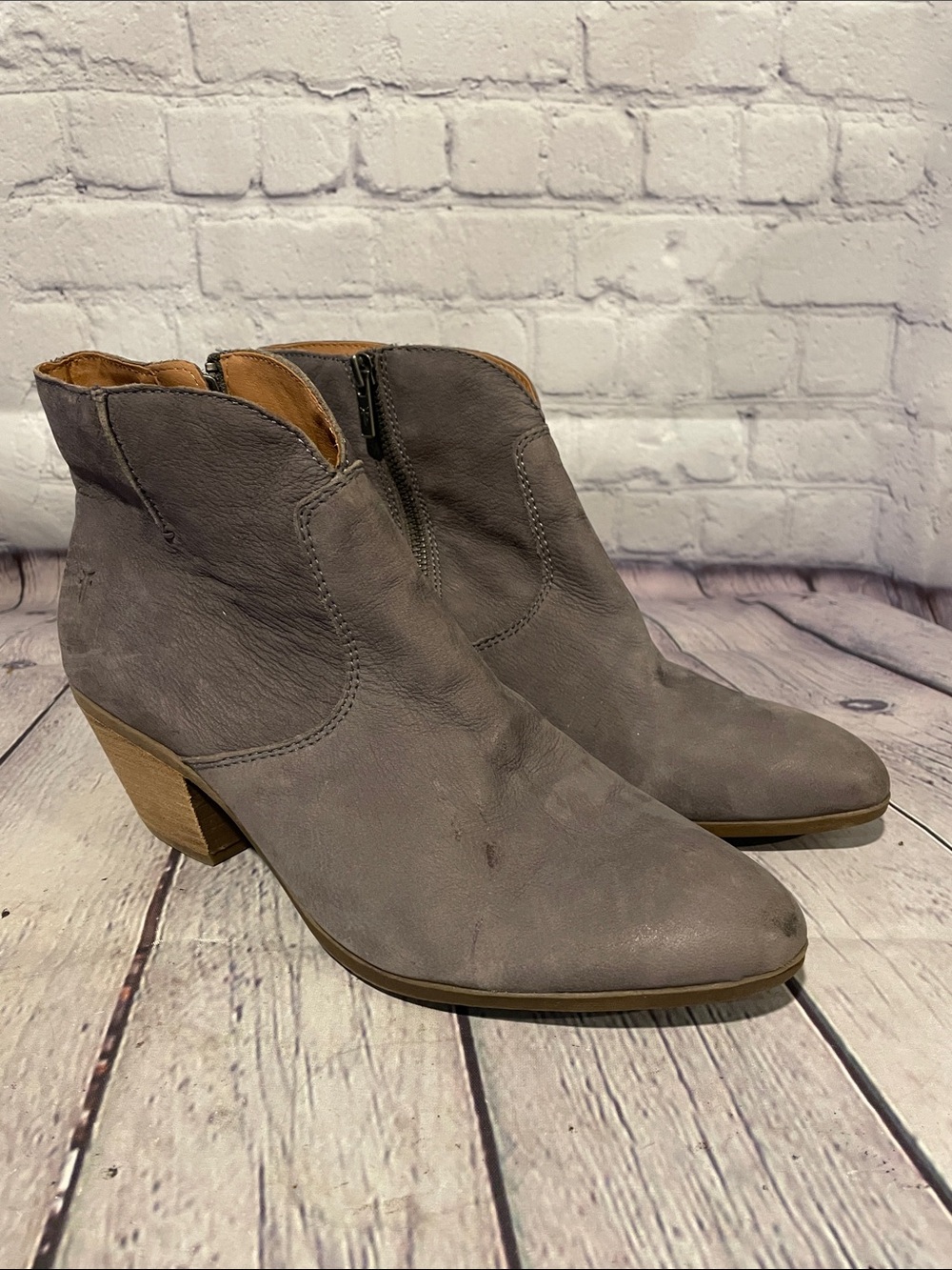 Frye Gray Suede Ankle Booties with Low Stacked Heel 9.5